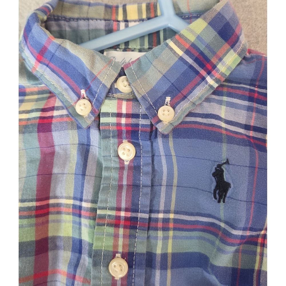 Polo Ralph Lauren Button Down Shirt Baby Infant Boys 9M Blue Plaid Pony Logo